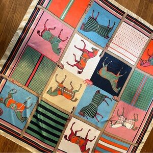 Equestrian Horse Motif Scarf Blanket Vintage Bright Vivid Color Satin 35"